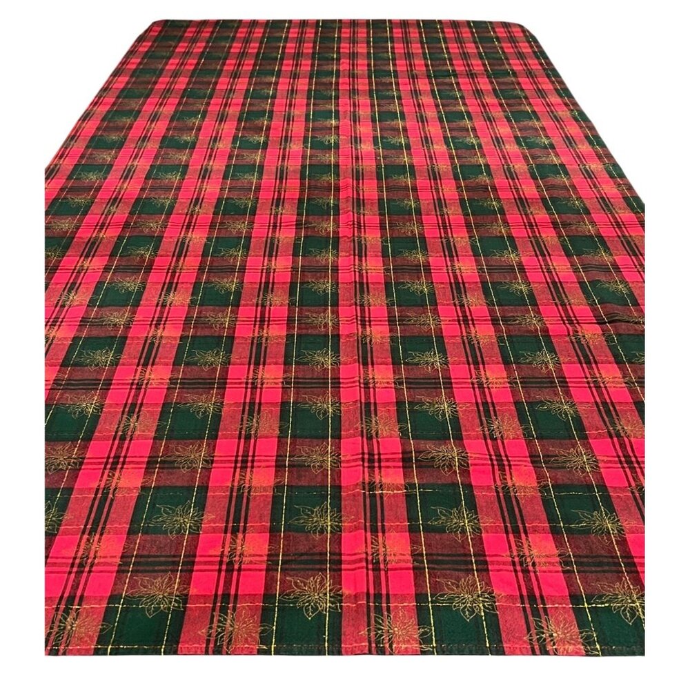 Christmas Table Cloth Red Metallic Plaid Rectangle 56x92 inch Seats 6-8
